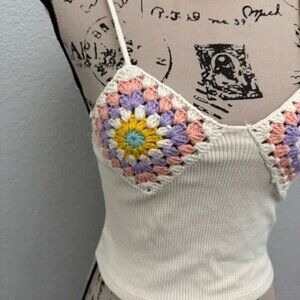 Crochet Granny Square Cropped Ribbed Tank Top